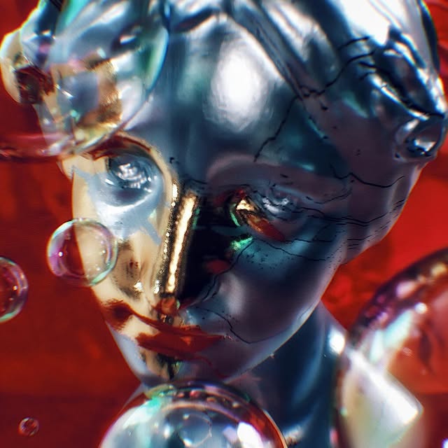 Chrome-skinned stylized face wrapped in iridescent bubbles on a red ground