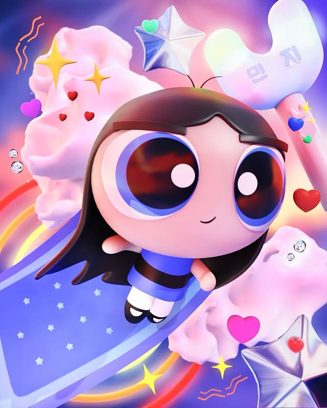 Stylized doll-eyed character floating through a candy-pink dream scene